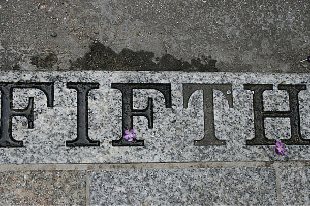 街道<strong>标识牌</strong>位于城市路边，由花岗岩雕刻而成，上面刻着“第五”字样，还有两朵紫色小花。