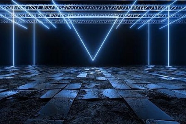 宇宙sci未来主义的潘通色卡蓝色的<strong>霓虹灯</strong>现代激光难看的东西粗糙的水泥平铺的混凝土地板上三角形形状的灯充满活力的电网络虚拟
