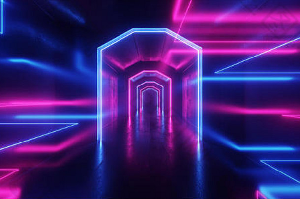 宇宙飞船霓虹灯发光灯激光光束紫蓝色充满活力的复古现代科幻夜总会场景隧道走廊大厅车库垃圾桶