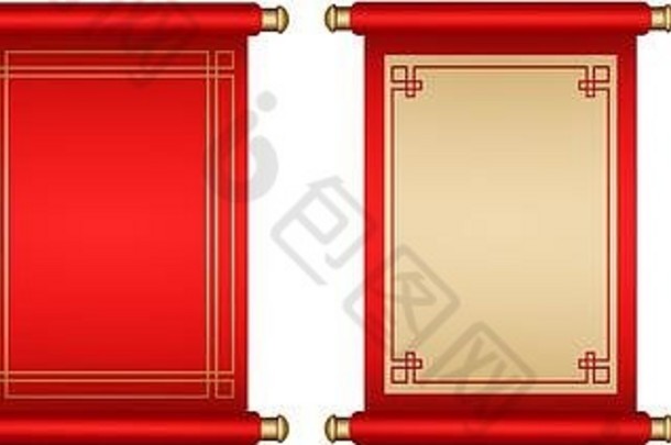 一套红色卷轴，带有中国新年和节假日文本的空格
