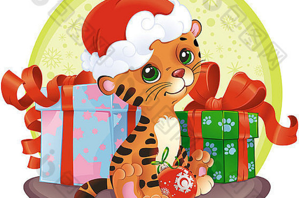可爱的小老虎和圣诞礼物