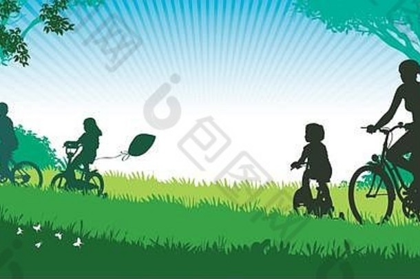 一个快乐的家庭在公园里骑自行车进行夏季旅行的插图。