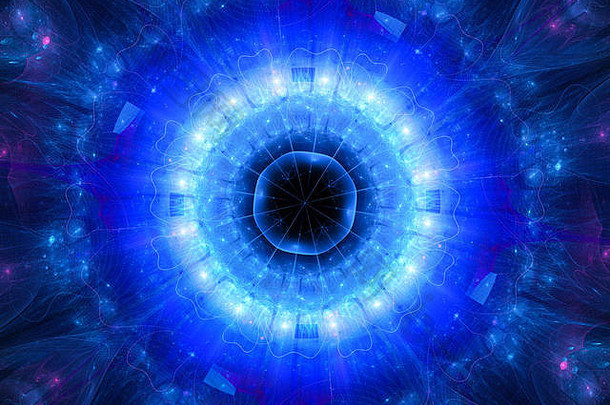太空中蓝色发光的星门，计算机生成的抽象背景