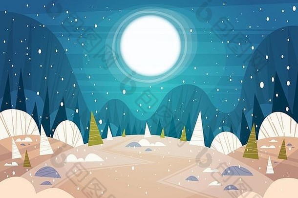 冬天森林景观月亮闪亮的雪树快乐圣诞节快乐一年横幅假期概念