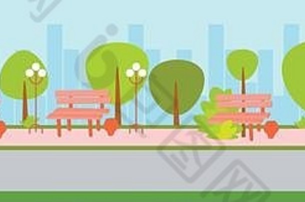 城市城市空人公园绿色树木长椅城市景观背景平水平横幅