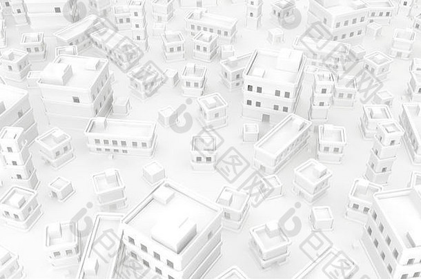白色建筑顶视图城镇空，3d插图，水平背景
