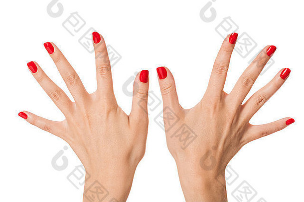 美丽的修剪过的红色指甲优雅地交叉双手，在白色背景上以时尚、魅力和美丽的理念向观众展示