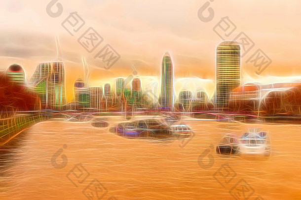 城市巡航船河泰晤士河伦敦天际线轮廓背景伦敦天际线泰晤士河河数字艺术作品