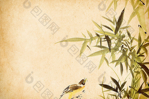 古老古董纸背景上的传统中国画竹子