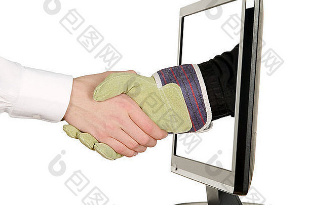 戴手套的工业工人在液晶显示器上与商人握手