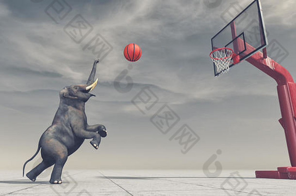 大象抛出球篮子渲染插图