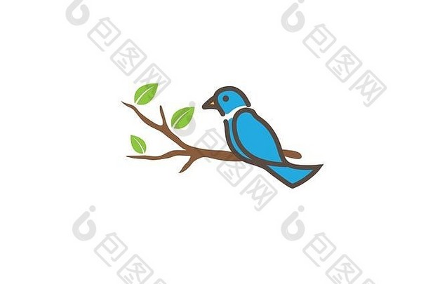 鸟在树枝上用树叶作标志设计，鸽子图标插画