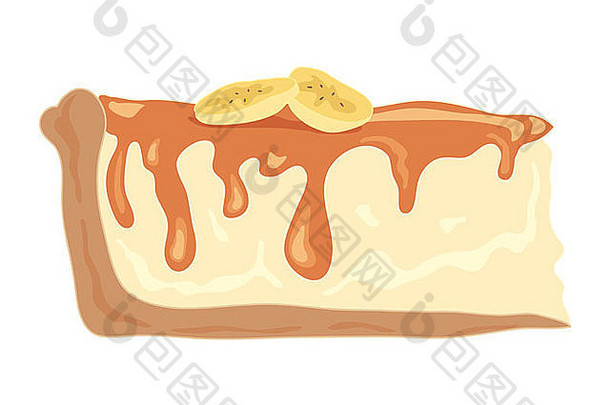 图为一片美味的巴诺菲蛋糕，上面有馅饼皮、奶油馅、太妃糖和香蕉片