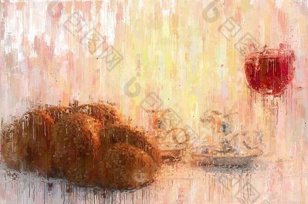油画风格抽象的青年党形象。沙拉面包、安息日酒和蜡烛