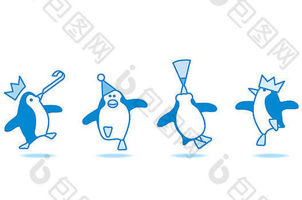 插图快乐蓝色的企鹅跳舞聚会，派对