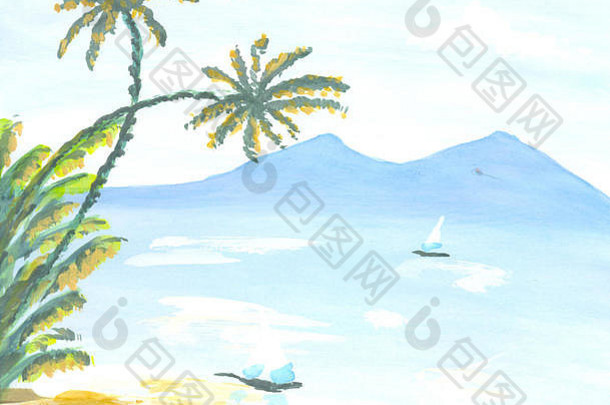 水彩夏季热带背景，山，海，帆船和棕榈树。夏季海滩冲浪插图