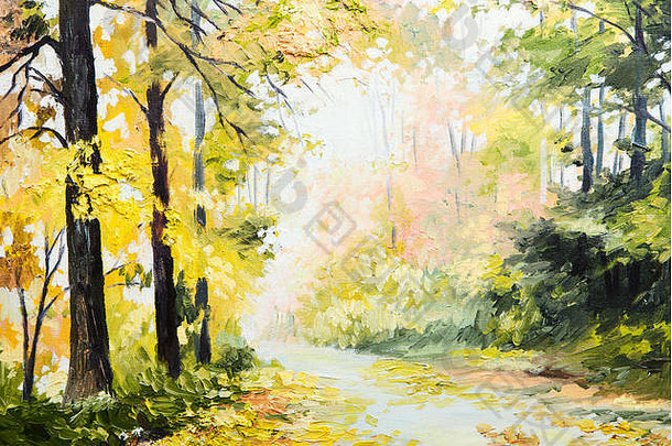 石油绘画秋天森林景观艺术