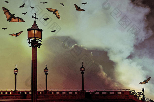 <strong>哥特式背景</strong>，黄昏时雾中有蝙蝠和历史灯柱。水彩格伦格风格插图。
