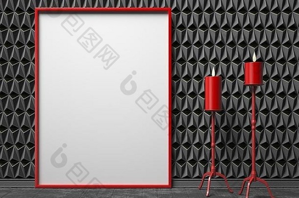 黑色三角形背景上的空白画框和两个红色烛台。模拟渲染插图
