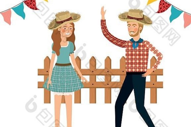 农民夫妇戴草帽跳舞