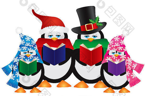 企鹅圣诞节未释放帽子围巾孤立的白色背景插图