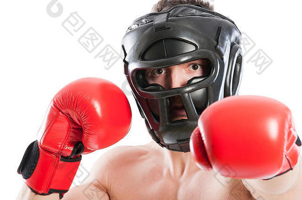 害怕<strong>拳击</strong>手穿黑色的保护头盔红色的手套
