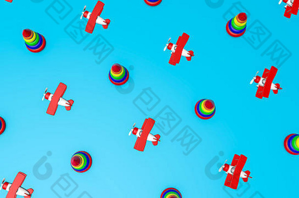 蓝色背景上的玩具双翼飞机和儿童金字塔。插图。三维渲染