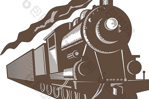 以复古木刻风格完成的蒸汽火车机车在铁路上的图示