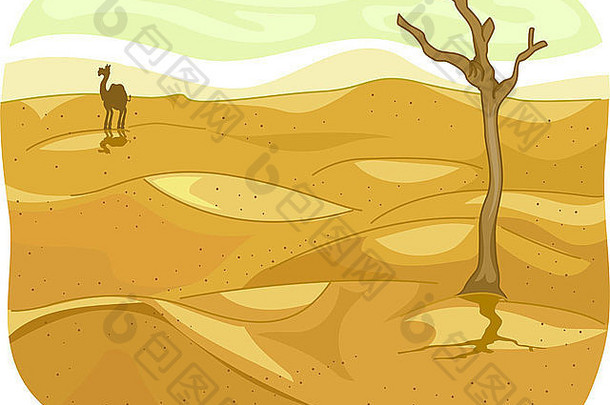 一个孤独的沙漠的插图，远处可以看到一只骆驼