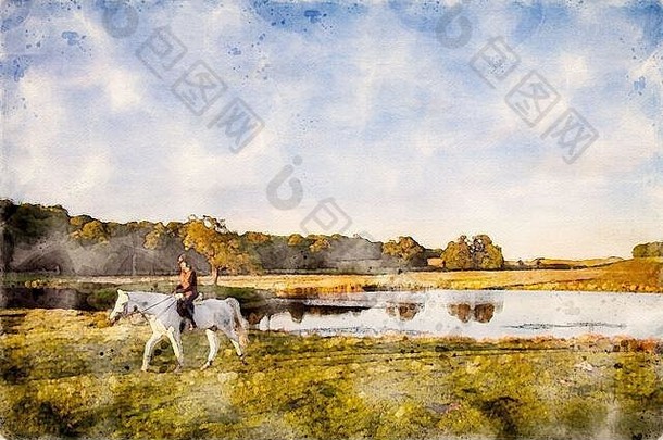 水彩图像人骑白色马自然农村景观宁静的湖大蓝色的天空复制空间