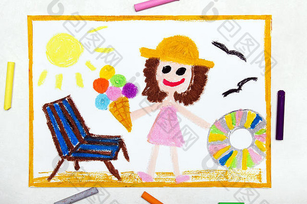彩色绘画：海滩度假。带着冰淇淋、救生圈和躺椅的微笑女孩