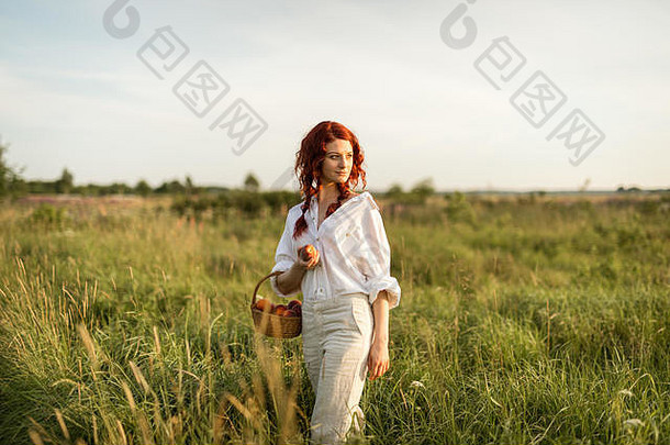 肖像年轻的红色头发的人女人夏天草地