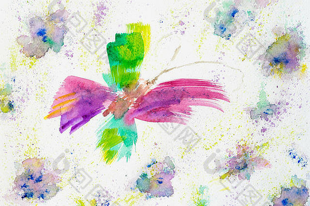 手绘彩色抽象欢快的蝴蝶和白纸上的花朵，春夏色调。抽象水彩，纸纹理。艺术设计