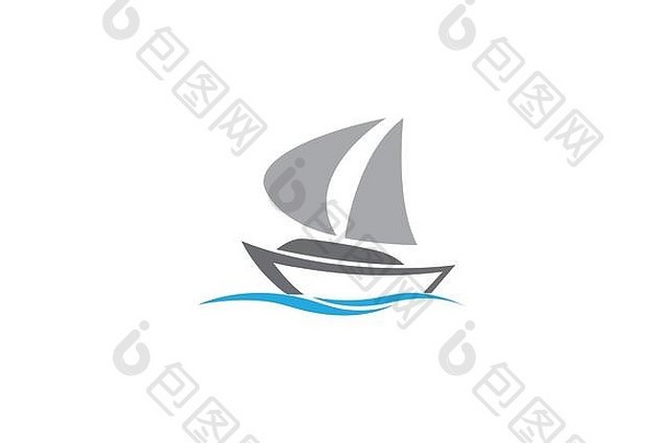 海上帆船，白色背景上的游艇航行标志设计插图
