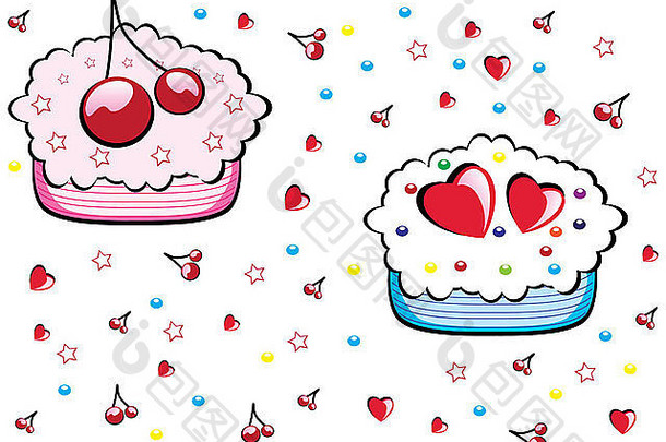 无缝情人节图案搭配纸杯蛋糕。白色的插图。