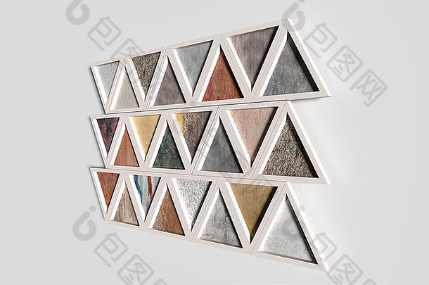 在白色框架中使用不同材质的三角形对墙进行三维渲染。特写镜头