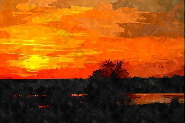 水彩数字生成的绘画美丽的日落景观