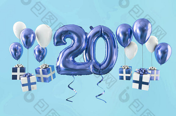 20号生日庆祝金<strong>气球</strong>和礼物。三维渲染