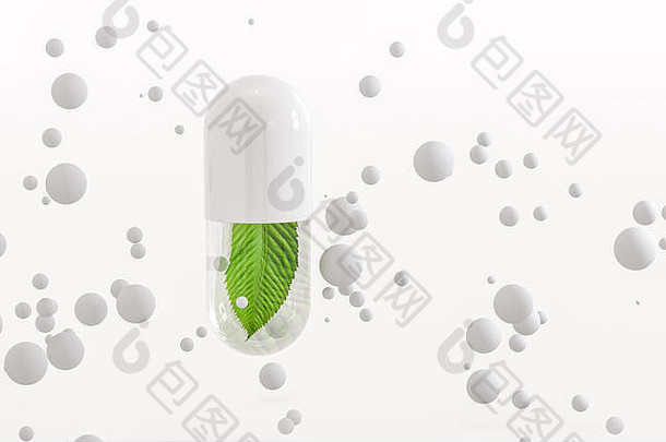 3d渲染，带叶子的绿色胶囊，健康主题概念