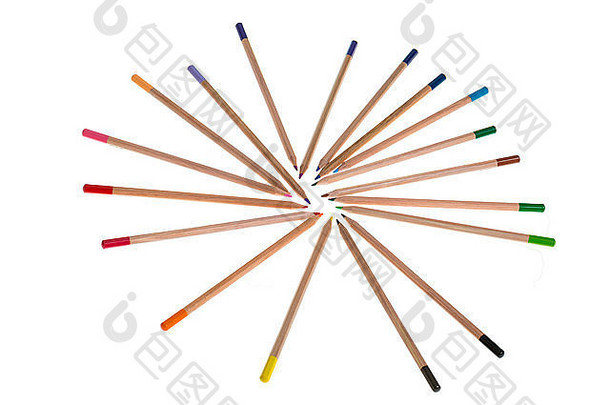 上视图彩色的铅笔不对称订单白色背景