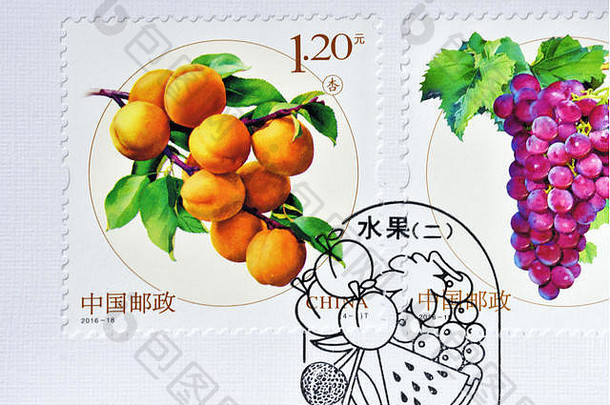 中国-大约2016年：<strong>中国印</strong>刷的邮票展示2016-18年水果II西瓜葡萄邮票。大约2016年。