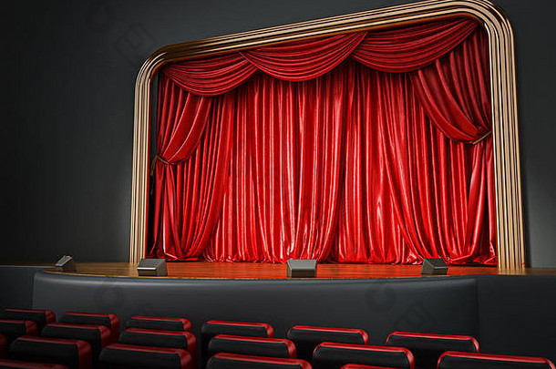 有红色座位的剧场房间。三维插图。