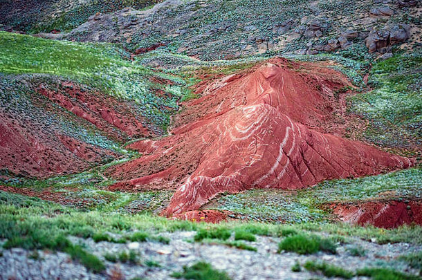 近距离观察大波格多山的红壤和绿草。俄罗斯联邦