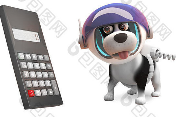 愚蠢的小狗狗宇航服发现巨大的空间计算器插图渲染
