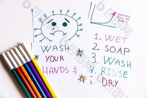 图纸使孩子积极的消息冠状病毒标记洗手