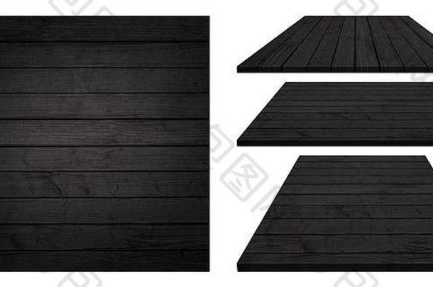 黑色木板、桌子、地板表面、木质纹理。对象在白色背景上被隔离