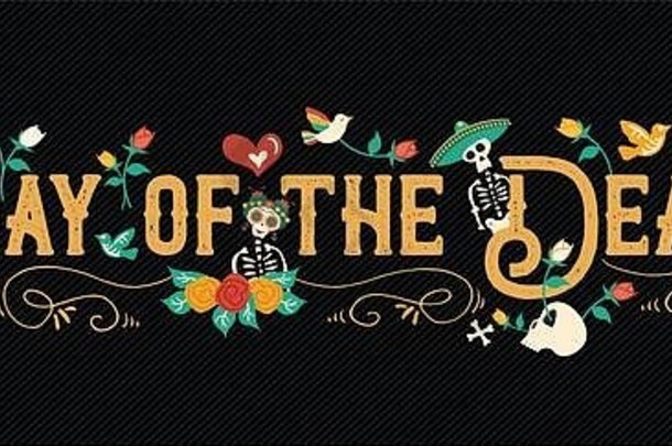 墨西哥庆祝活动的“死亡日糖骷髅”横幅，传统的墨西哥骷髅装饰，采用排版和多彩的艺术。