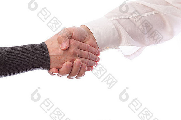商业伙伴的握手，男人和女人。在白色背景上隔离