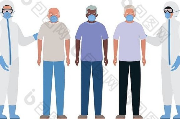 戴着口罩的老年人和穿着防护服的医生对抗新冠病毒19载体设计