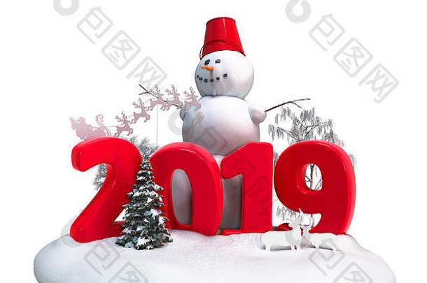 2019年新年雪岛，雪人和树木3d渲染，白色无阴影